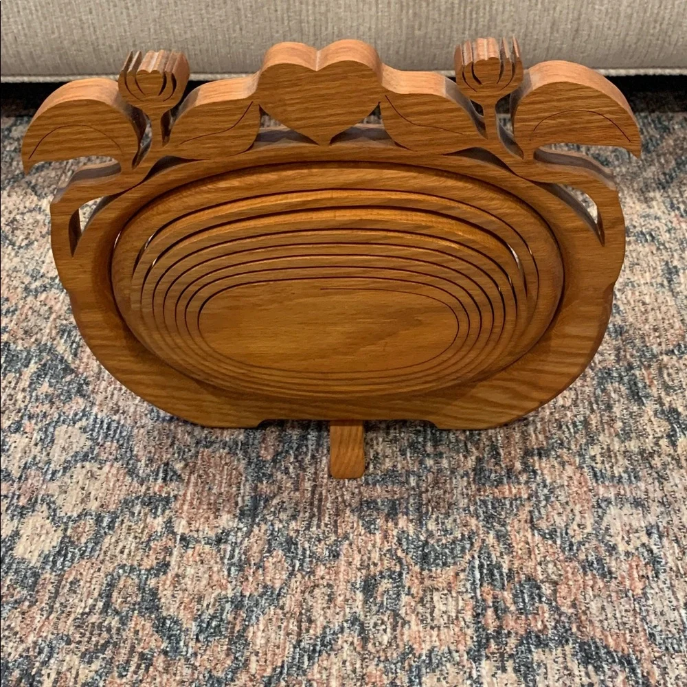 Vintage Hand carved Wooden Folding Basket with Floral Design